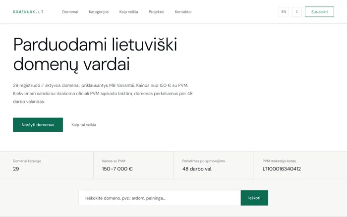 Screenshot of domenuok.lt — premium Lithuanian domain marketplace