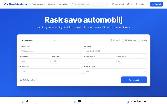 Screenshot of naudotasauto.lt - used-car marketplace in Lithuania