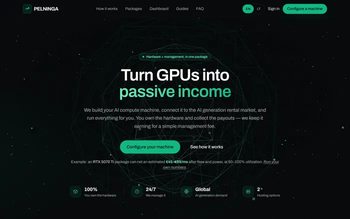Screenshot of pelninga.lt - GPU hosting for passive AI-compute income