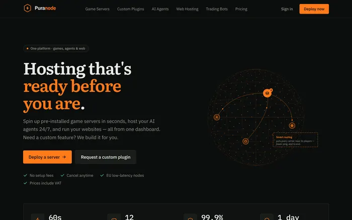 Screenshot of puranode.com - game servers, AI agents and web hosting