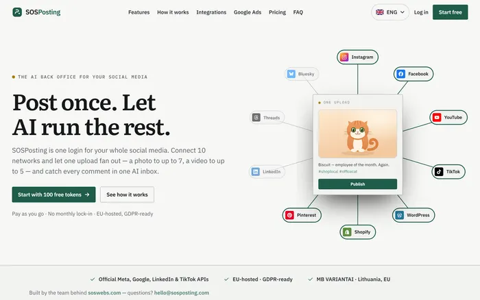 Screenshot of sosposting.com — social media cross-posting tool
